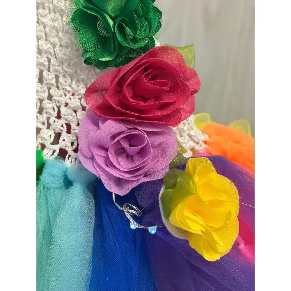 LED Tutu Dreams Unicorn dress Crochet bodice colorful flowers and rainbow tulle